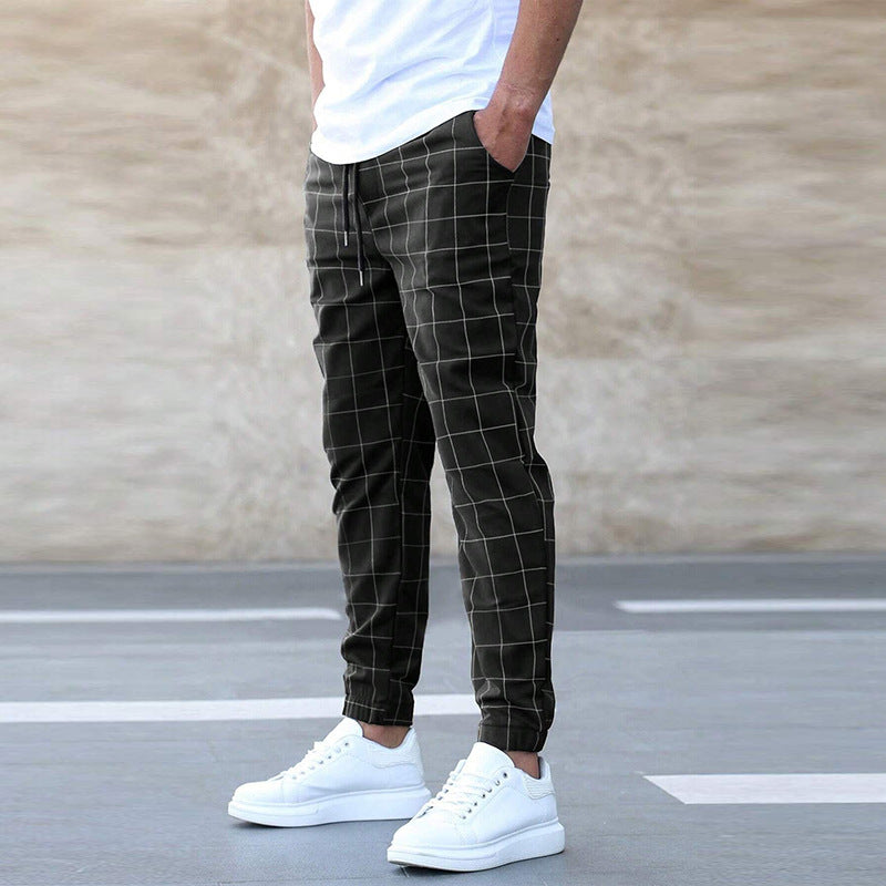 Men’s Jogger Pants – Cotton Blend – Tapered Fit – Grid Pattern – Elastic Waist