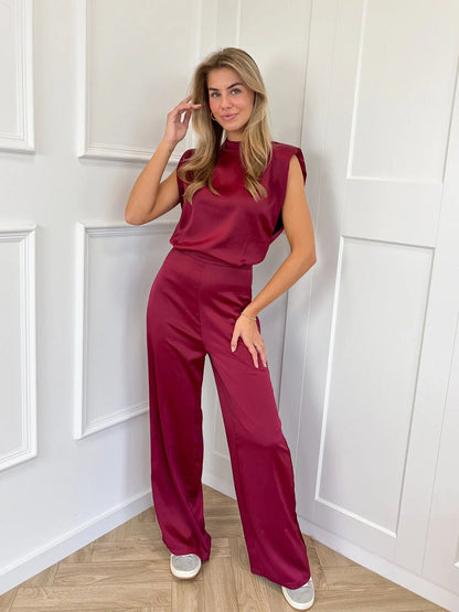 Women’s Jumpsuit – Satin Finish – Wide Leg – High Neck – Sleeveless – Open Back