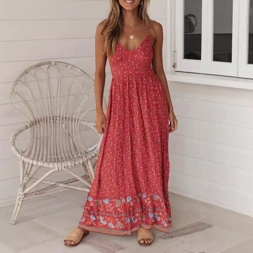 Women’s Maxi Dress – Boho Fit – Floral Print – V-Neck – Strappy – Breathable Cotton