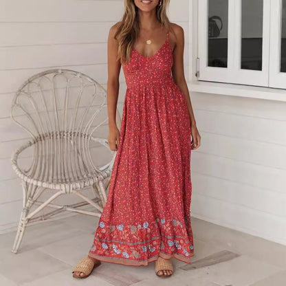 Women’s Maxi Dress – Boho Fit – Floral Print – V-Neck – Strappy – Breathable Cotton
