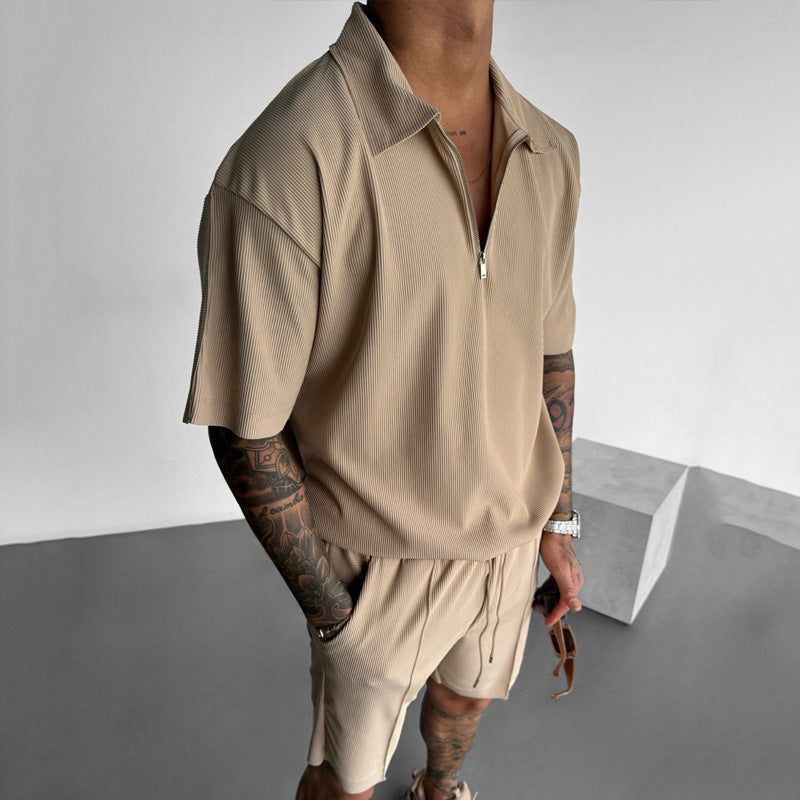 Men’s Polo and Shorts Set – Relaxed Fit – Soft Knit – Zipper Neck – Drawstring Waist