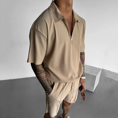 Men’s Polo and Shorts Set – Relaxed Fit – Soft Knit – Zipper Neck – Drawstring Waist