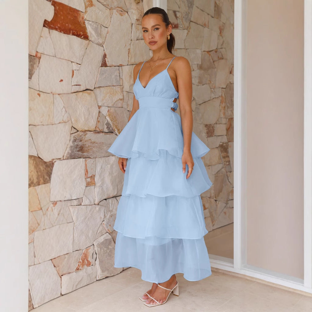 Women’s Maxi Dress – Flowing Fit – V-Neck – Spaghetti Straps – Tiered Ruffle Skirt
