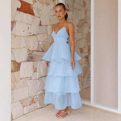 Women’s Maxi Dress – Flowing Fit – V-Neck – Spaghetti Straps – Tiered Ruffle Skirt