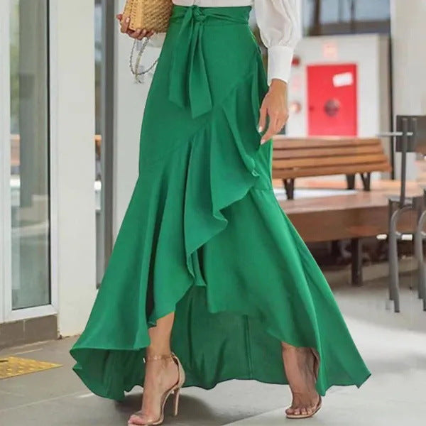 Women’s Full-Length Skirt – High Waist Wrap – Ruffle Hem – Elegant Flared Fit