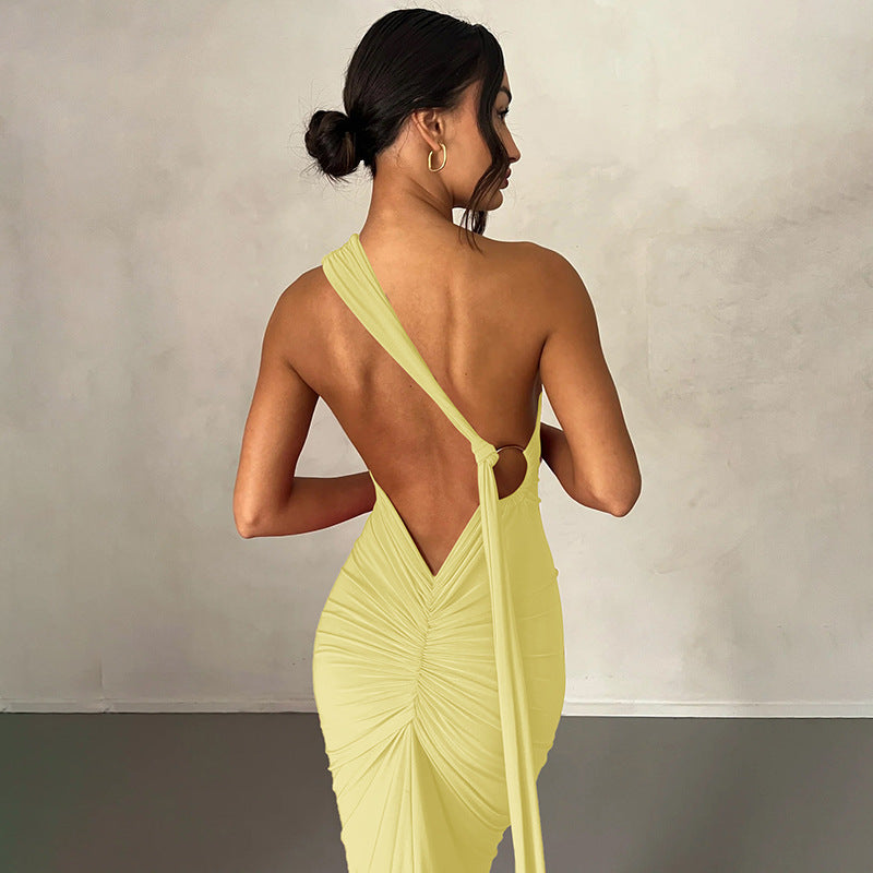 Women’s Sleeveless Dress – Slim Fit – One Shoulder – Ruched Full-Length Formal Wear
