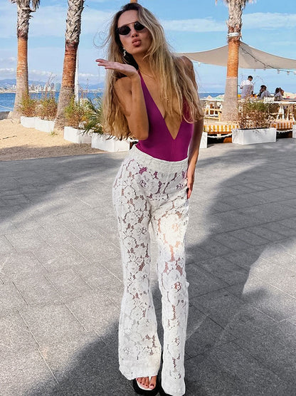 Women’s Wide-Leg Pants – Sheer Lace – Full Length – Relaxed Elegant Fit