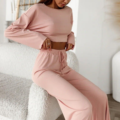 Women’s Loungewear Set – Cotton Blend – Relaxed Cropped Top – High-Waist – Wide-Leg Pants