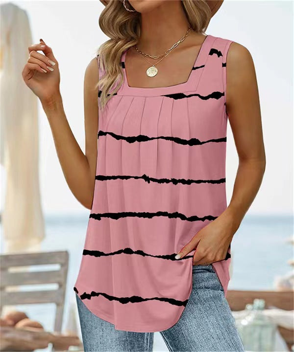 Women’s Sleeveless Vest – Square Neck – Floral Print – Relaxed Fit – Breathable Blend