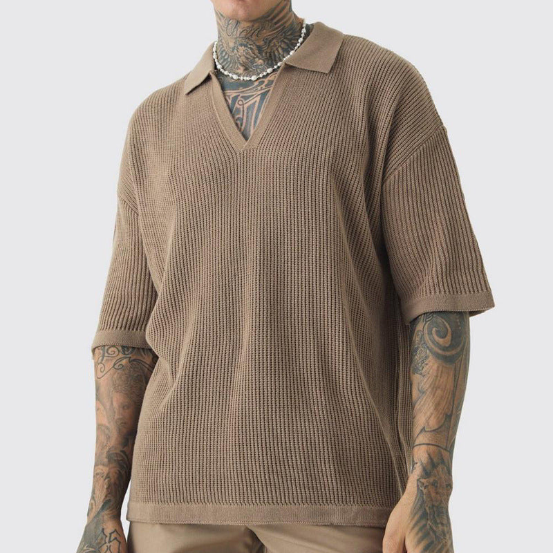 Men’s Short Sleeve Shirt – Relaxed Fit – Soft Knit – V-Neck Collar – Casual Wear