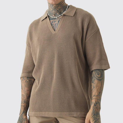 Men’s Short Sleeve Shirt – Relaxed Fit – Soft Knit – V-Neck Collar – Casual Wear