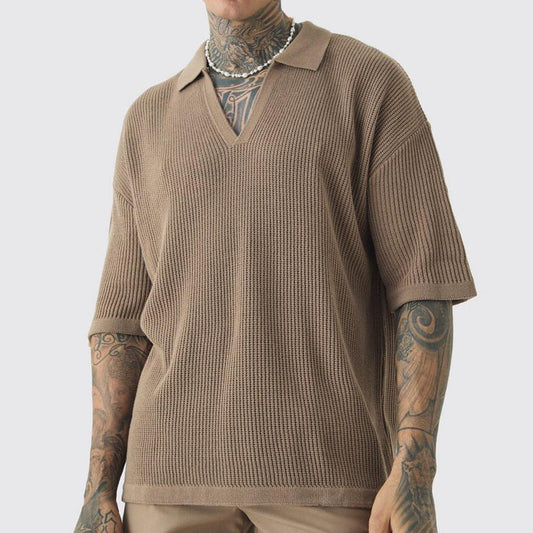 Men’s Short Sleeve Shirt – Relaxed Fit – Soft Knit – V-Neck Collar – Casual Wear