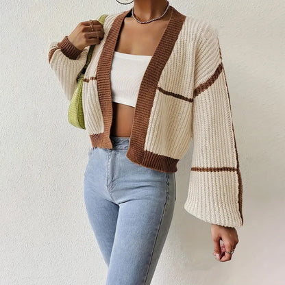 Women’s Knitted Cardigan – Cropped Fit – Soft Ribbed Knit – V-Neck – Balloon Sleeves