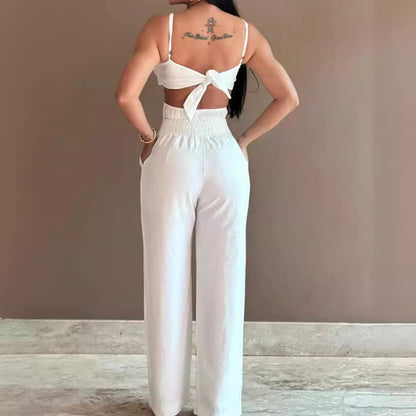 Women’s Jumpsuit – Wide Leg – Bow Front – Spaghetti Straps – Backless Cut-Out