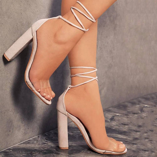 Women’s High Heel Sandals – Block Heel – Clear Strap – Crisscross Ankle Tie – Peep Toe