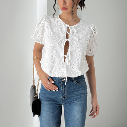Women’s Blouse – Lace Cut-Out – Puff Sleeve – Relaxed Fit – Front Tie Adjustable