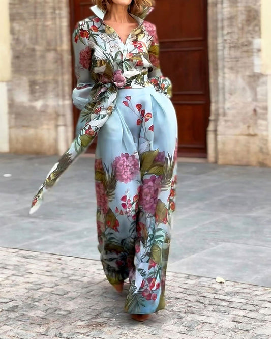 Women’s Maxi Dress – Tailored Fit – Floral Print – Long Sleeve – Belted Waist