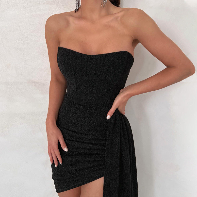 Women’s Mini Dress – Strapless Bodycon Fit – Satin Feel – Draped Asymmetrical Hem