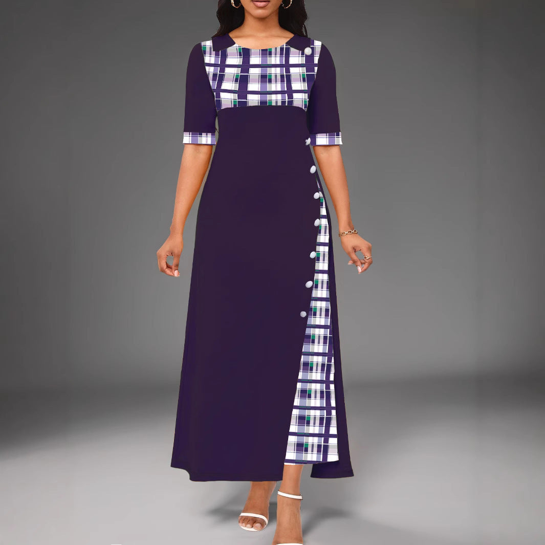 Women’s Maxi Dress – Tailored Fit – Mid Sleeve – Plaid Accent – Round Neck – Button Detail