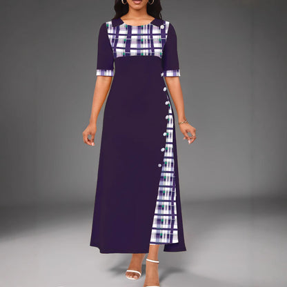 Women’s Maxi Dress – Tailored Fit – Mid Sleeve – Plaid Accent – Round Neck – Button Detail