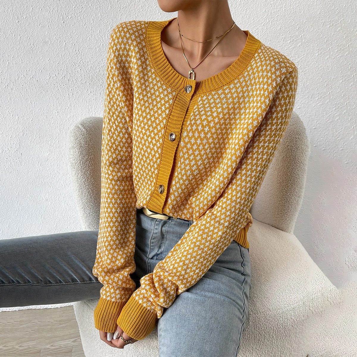 Women’s Cardigan – Relaxed Fit – Button Front – Geometric Pattern