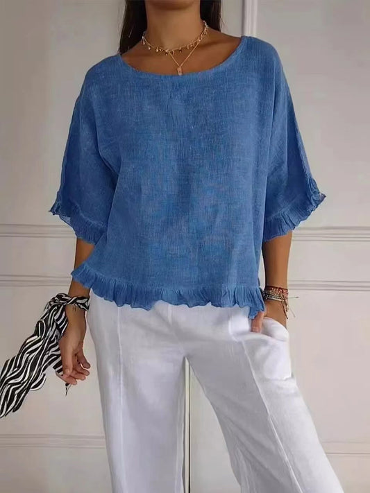 Women’s Blouse – Relaxed Fit Cotton Linen – Ruffle Hem – Short Sleeve – Round Neck