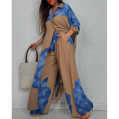 Women’s Two-Piece Set – Relaxed Fit Long Shirt – Button-Down – Wide-Leg Cotton Pants