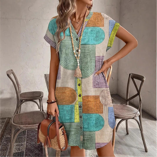 Women’s V-Neck Dress – Relaxed Fit – Button Front – Short Sleeve – Bold Geometric Print