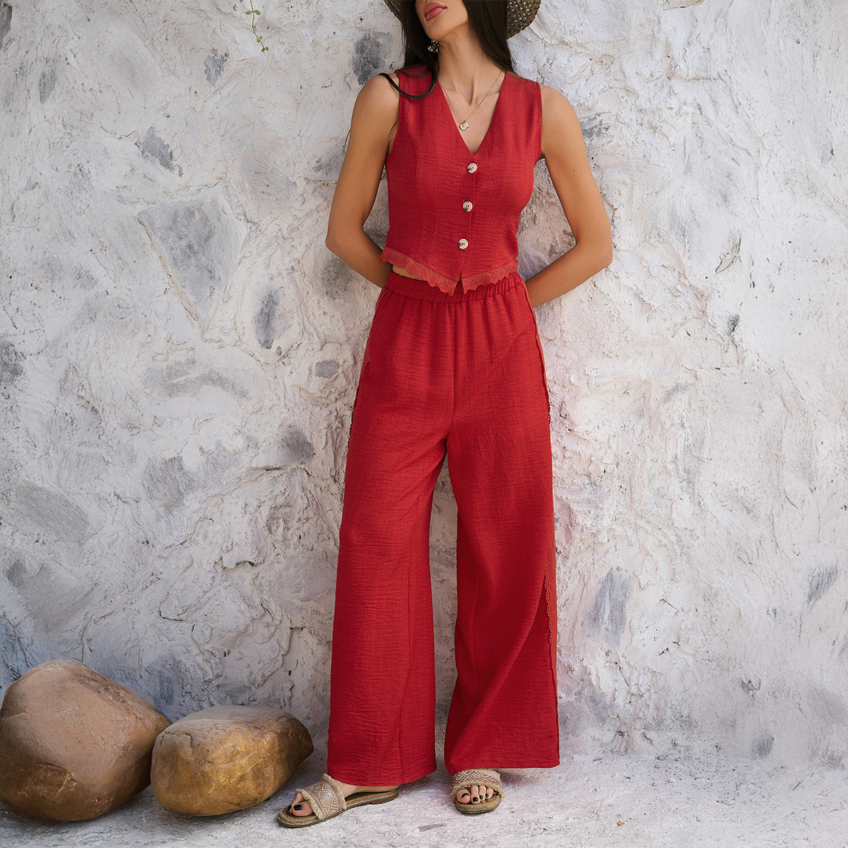 Women’s Vest and Wide-Leg Pants Set – Tailored Fit – Lace Trim – Breathable Blend