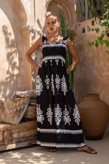 Women’s Sundress – Breathable Cotton – Ruched Bodice – A-Line Fit – Ankle Length