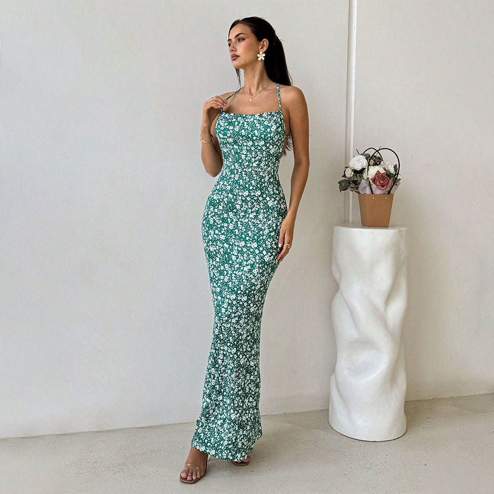 Women’s Sundress – Slim Fit – Floral Print – Spaghetti Straps – Open Back – Full Length