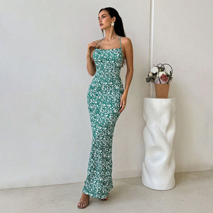 Women’s Sundress – Slim Fit – Floral Print – Spaghetti Straps – Open Back – Full Length