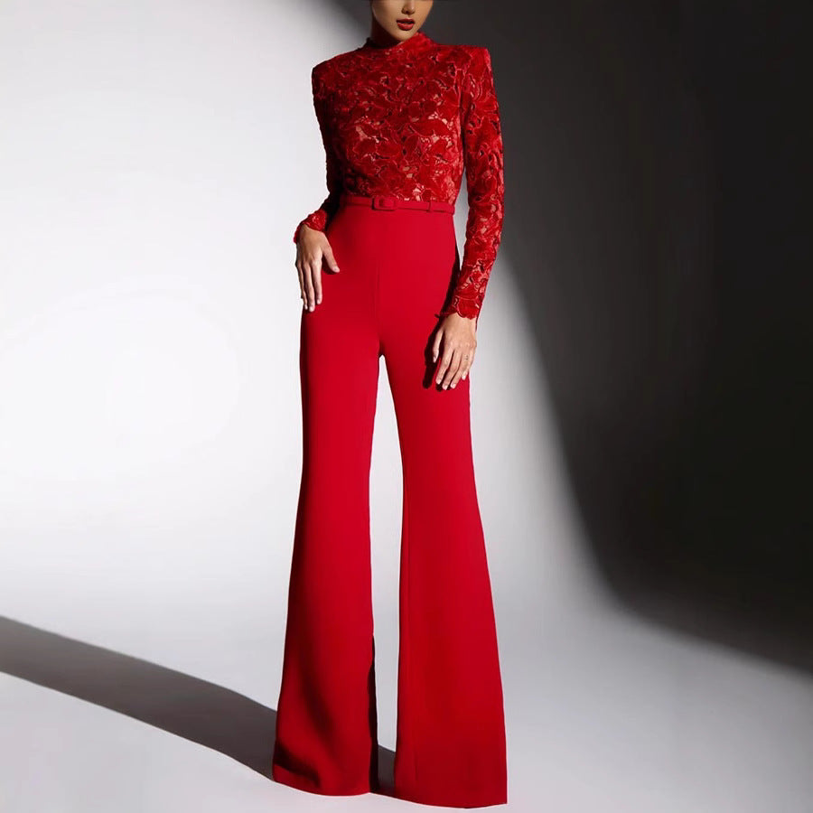 Women’s Jumpsuit – Lace Embroidered Top – Belted Waist – Flared Leg Formal Fit