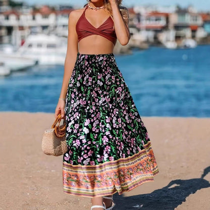 Women’s Maxi Dress – Strapless Bandeau Top – Boho Print – Flowy A-Line Fit