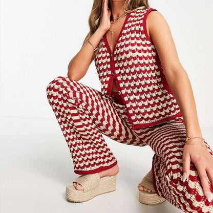 Women’s Knit Vest and Pants Set – Relaxed Fit – V-Neck Button Vest – Wide-Leg Trousers