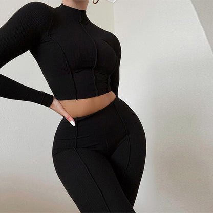 Women’s Crop Top and Leggings Set – Ribbed Knit – Slim Fit – High Waist – Long Sleeve