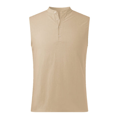 Men’s Sleeveless Vest – Cotton Blend – Mandarin Collar – Casual Fit – Half Button