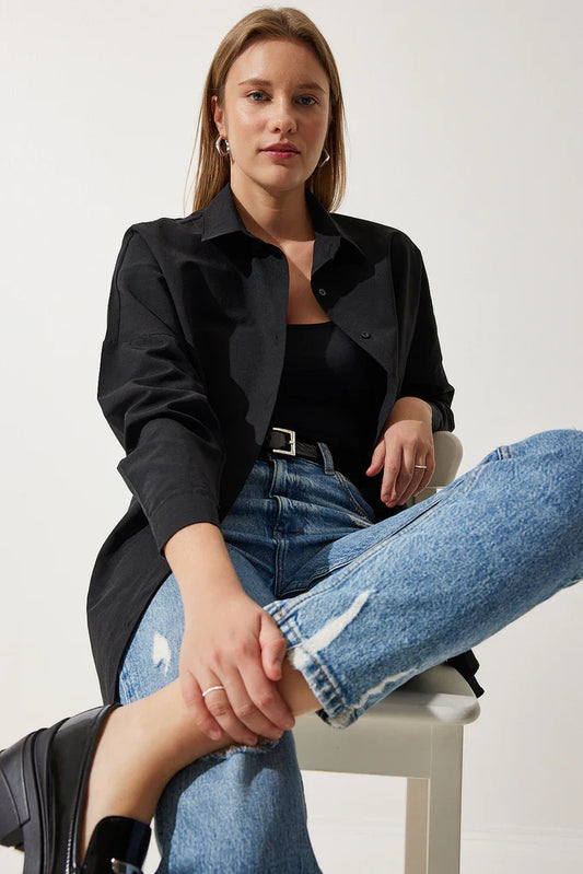 Women’s Blouse – Cotton Blend – Oversized Fit – Long Sleeve – Button Front Casual