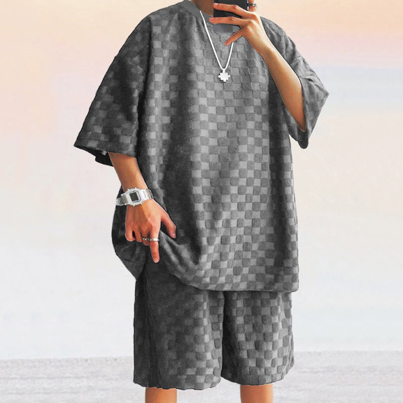 Men’s Shirt and Shorts Set – Jacquard Knit – Loose Fit – Check Pattern – Casual Wear