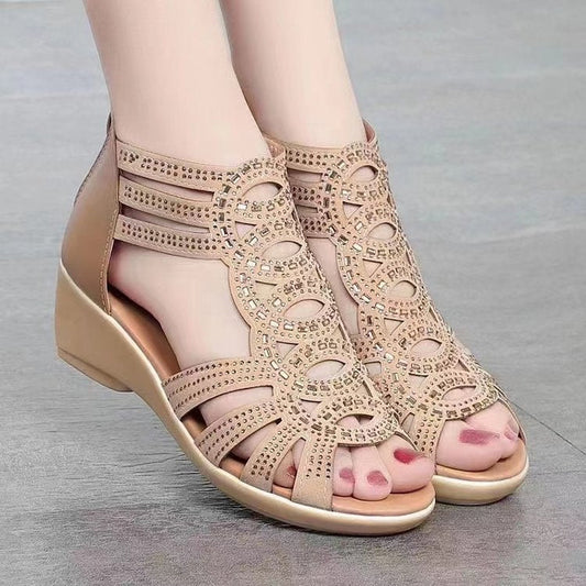 Women’s Sandals – Medium Heel – Soft Feel – Cut-Out Detailing – Open Toe – Elegant Casual