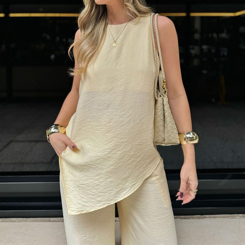 Women’s Two-Piece Set – Asymmetrical Hem Top – Wide-Leg Pants – Crinkled Texture