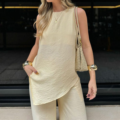 Women’s Two-Piece Set – Asymmetrical Hem Top – Wide-Leg Pants – Crinkled Texture
