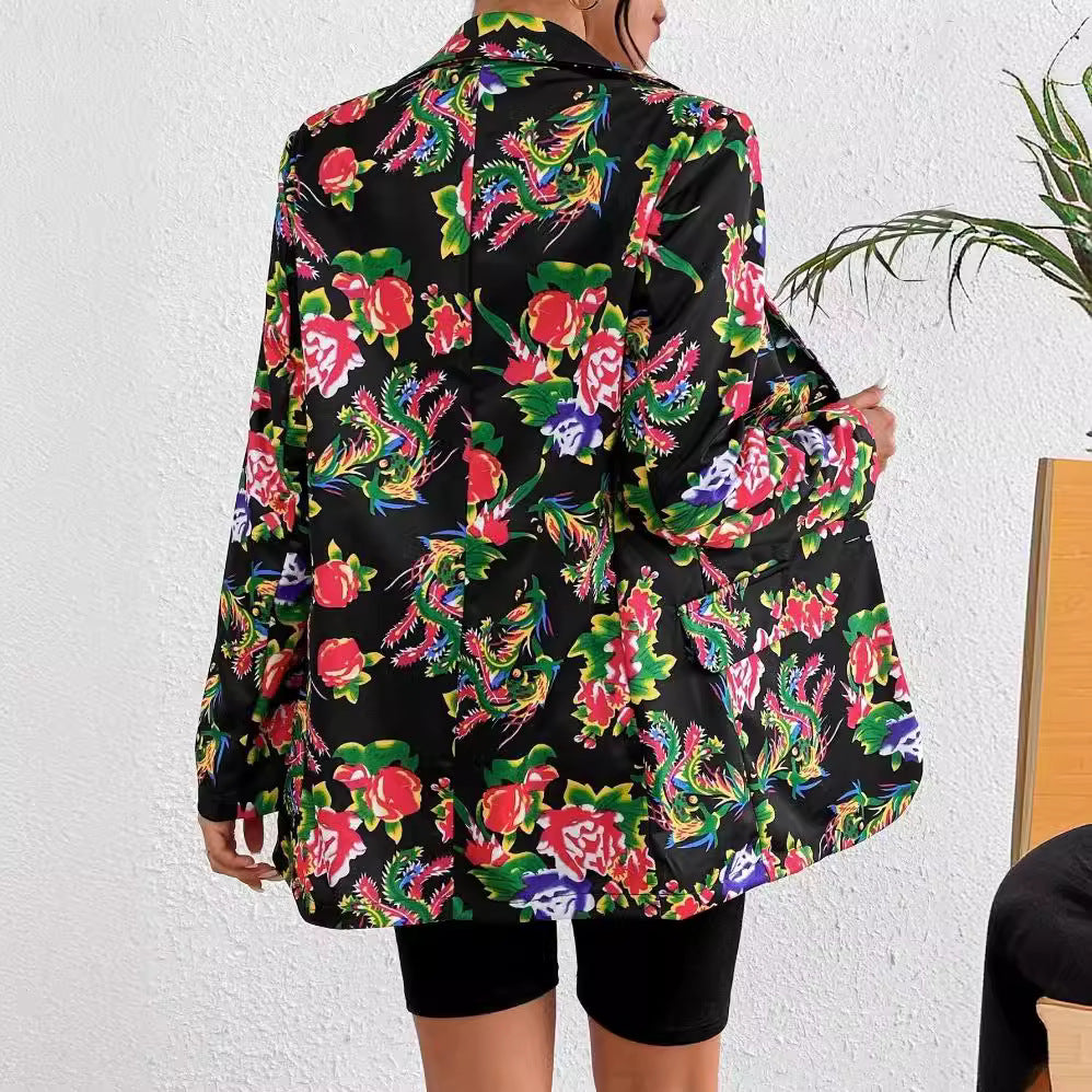 Women’s Blazer – Slim Fit – Silk Feel – Floral Print – Button Closure – Hip Length