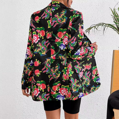 Women’s Blazer – Slim Fit – Silk Feel – Floral Print – Button Closure – Hip Length