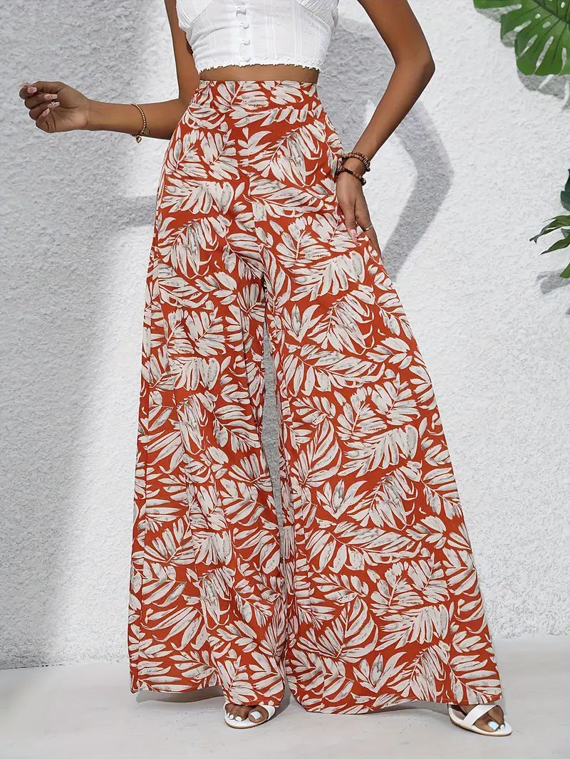 Women’s Wide-Leg Pants – High Waist – Lightweight Drape – Floral Print – Full Length