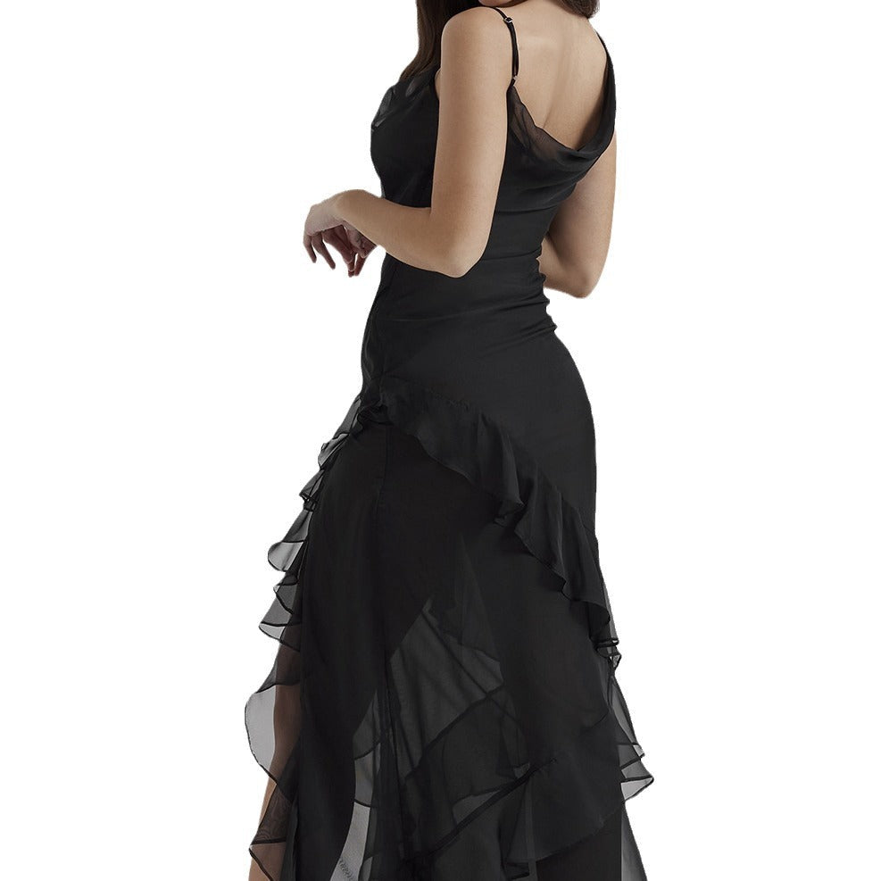 Women’s Evening Dress – Slim Fit – High-Low Hem – V-Neck – Ruffled Chiffon Skirt