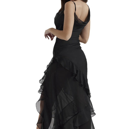 Women’s Evening Dress – Slim Fit – High-Low Hem – V-Neck – Ruffled Chiffon Skirt