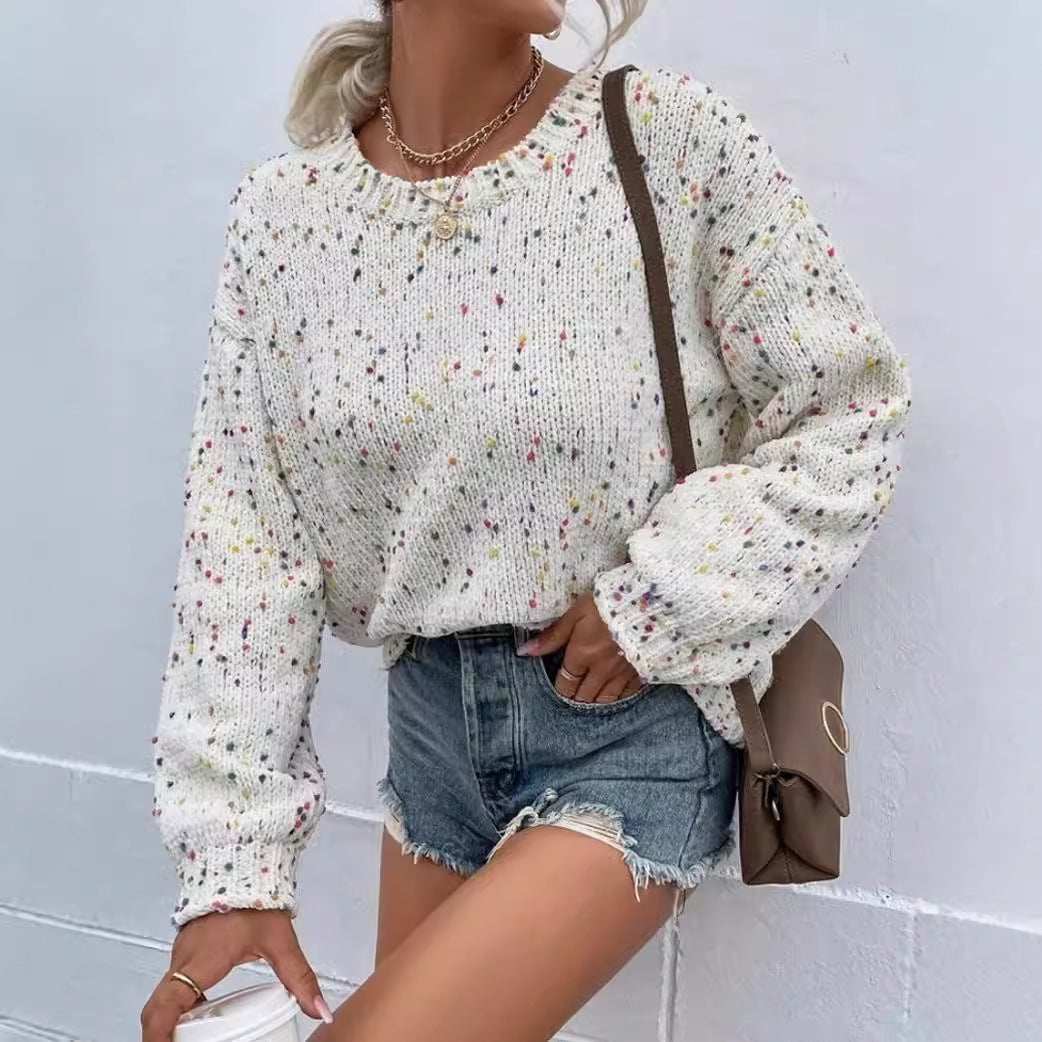 Women’s Pullover Sweater – Relaxed Fit – Speckled Knit – Ribbed Trim – Hip Length