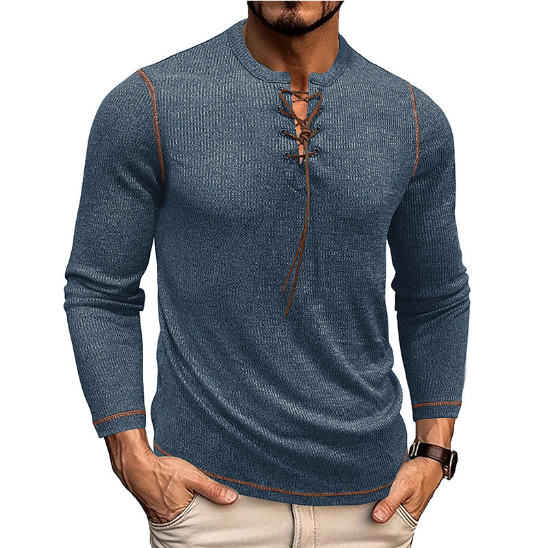 Men’s Long Sleeve Shirt – Slim Fit – Knit Texture – Lace-Up Neckline – Casual Style