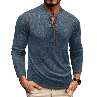 Men’s Long Sleeve Shirt – Slim Fit – Knit Texture – Lace-Up Neckline – Casual Style